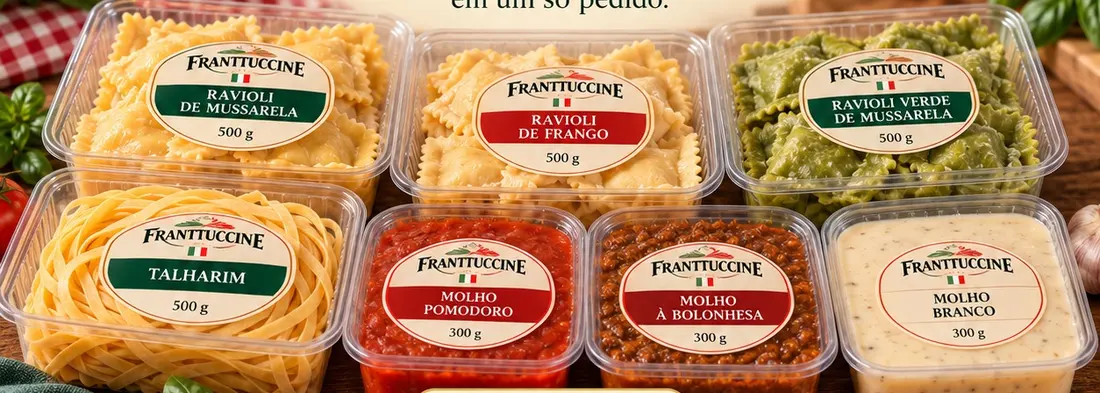 Os sete produtos do Combo Degustação da Franttuccine lado a lado